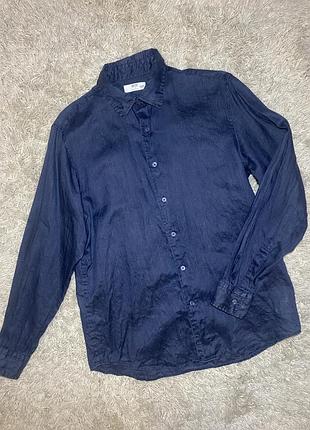 Лляна чоловіча сорочка uniqlo 💯 льон темно синього кольору, м