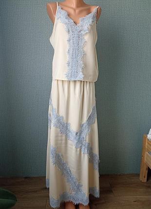 Костюм шелк и кружево, айворы и голубой, р. xl -xxl, новый