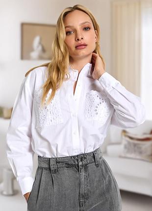 Новая белоснежная рубашка, ажурные карманы, oversize