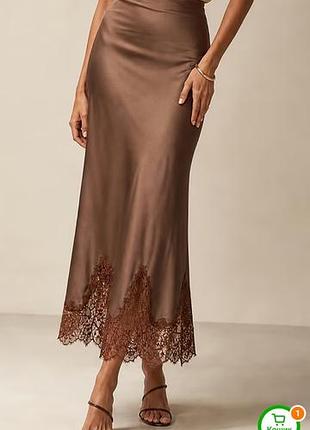 Юбка шелковистая с кружевом, р. xl -xl,шоколад, новая