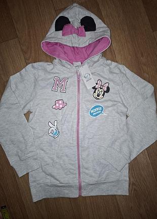 Новая утепленная детская кофта на молнии 134-140 на 8-10 лет minnie mouse intertek хлопок минный маус толстовка с капюшоном на молнии
