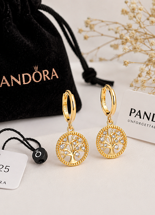 Сережки pandora «дерево життя» срібло 925 з позолотою та фіанітами, 28 мм