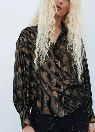 Ефектна прозора сорочка zara з золотим прінатом пейслі, нова з бірками