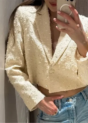 Укорочений піджак жакет блейзер zara з паєтками та бісером р.s