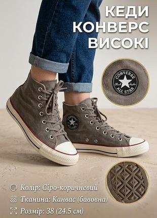 Кеди високі жіночі converse, сіро-коричневі (хакі/графіт), розмір 38 (24.5 см), текстиль (канвас)