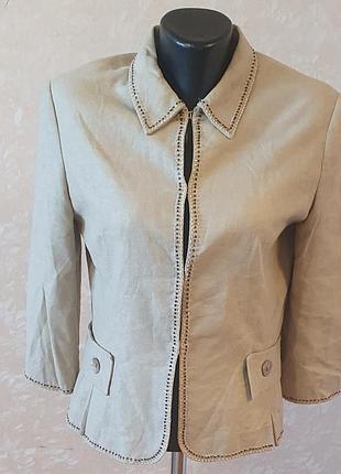 Льняной бежевый женский жакет zara basic с вышивкой бисером (размер l / eur 40)