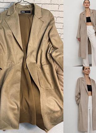 Замшевий тренч пальтишко zara в бежевому кольорі (нюанс-втратила пояс)