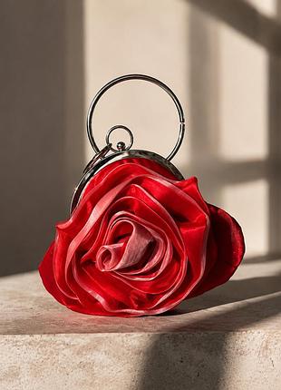 Червона ефектна атласна сумочка-троянда / міні-сумочка з кільцем клатч вечірній