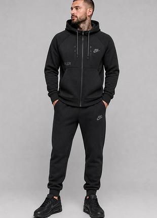 Чоловічий зимовий спортивний костюм nike air чорний теплий трьохнитка на флісі з капюшоном