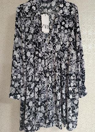 Zara женское платье, женское платье с черно-белым цветочным принтом от бренда zara, р. s