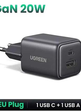 Компактное быстрое зарядное устройство ugreen gan 20w dual-port usb-c + usb-a (x514)