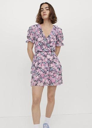 H&m шифонова міні сукня в квіти коротке плаття з імітацією на запах сарафан