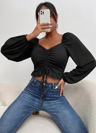 Эластичный рубчик ✨ new look 🖤 блузка кроп-топ с длинным рукавом ⚡ кофта со сборкой и затяжкой