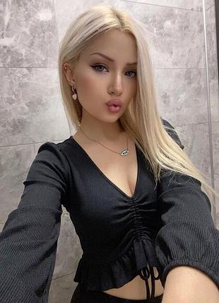 Эластичный рубчик ✨ new look 🖤 блузка кроп-топ с длинным рукавом ⚡ кофта со сборкой и затяжкой