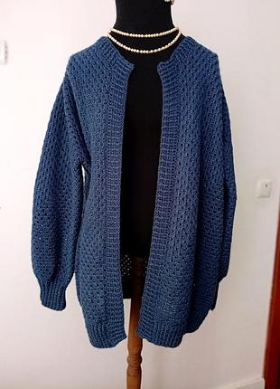 Вязаный ажурный женский кардиган ручной работы, в глубоком прихожем/navy blue цвете/объемный, оверсайз