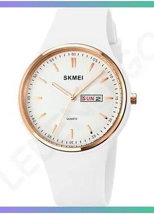 Часы skmei 1747wt белые кварцевые с календарем для женщин с силиконовым ремешком и золотым корпусом