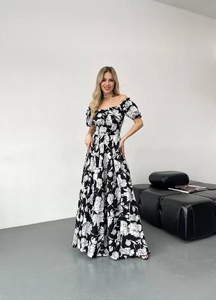Шикарна сукня з відкритими плечима в принт