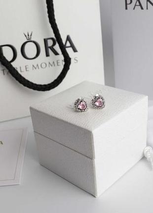 Серебрянные женские серьги pandora "розовое сердце" / на подарок