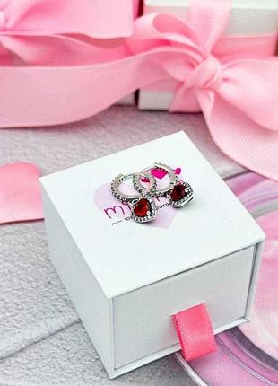 Серебрянные серьги пандора pandora "красное сердце" , на подарок