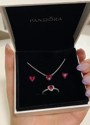 Комплект pandora "красное сердце" серебрянный