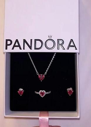 Набір pandora "красное серце" / найкращий подарунок цепочка, сережки, каблучка