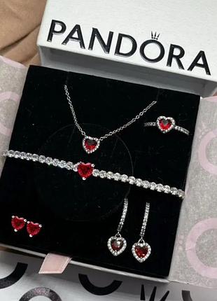 Серебрянный набор украшений pandora / пандора "красное сердце" 5 в 1