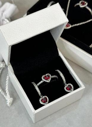 Изысканный нежный набор pandora "красное сердце" 2 в 1 - на подарок пандора комплект украшений