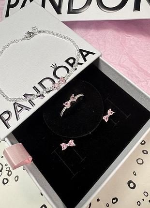 Серебряный набор украшений 3 в 1 pandora "розовый бантик" / на подарок