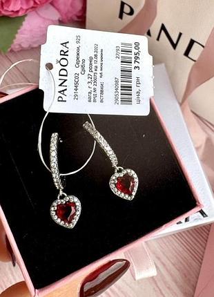 Серебрянные серьги сережки "красное сердце" pandora пандора / на подарок