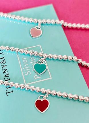 Серебрянный браслет tiffany тиффани "мятное, розовое, красное сердце" / подарок девушке