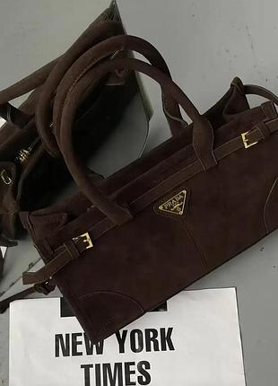 Женская замшевая сумочка prada брендовая классическая сумка из замши прада деловая сумка для девушки через плечо шоколадный
