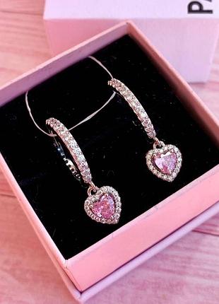 Серебрянные серьги пандора pandora "розовое сердце" , на подарок