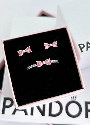 Подарочный набор pandora "розовый бантик" серебрянный серьги, кольцо пандора