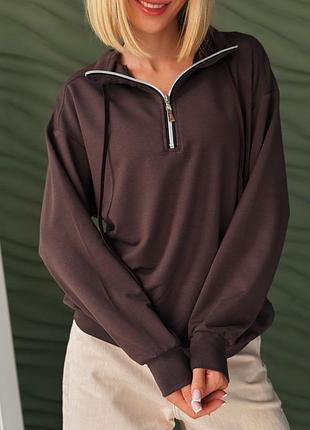 Женская кофта из двунитки с воротником на молнии 50-52. шоколад