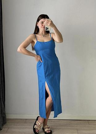 Платье сарафан платье синяя лен с разрезом zara s m 8372 076