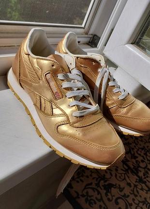 Кожаные золотые кроссовки reebok classic leather metallic gold, р. 37 / 24 см