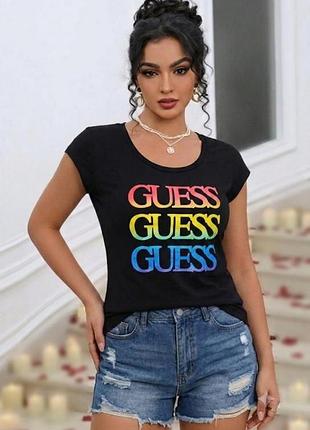 Футболка женская guess s 100% хлопок с коротким рукавом круглым вырезом с надписью guess черный