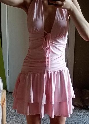 Рожева міні сукня на зав'язках двошарова спідничка cutecore kawaii girly y2k dollskill punk coquette harajuku anime lolita