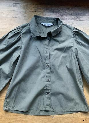 Кружевная рубашка блузка блуза хаки 134 8-9 лет zara mango h&amp;m хлопок пышные рукава на резинке cos
