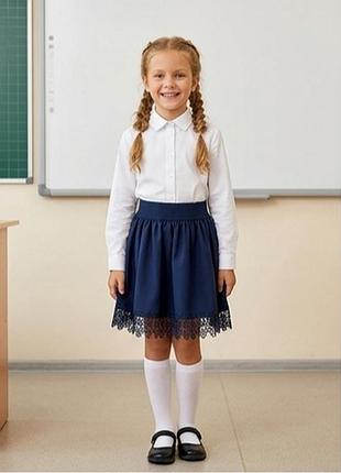 Пышная школьная юбка синяя с ажурным кружевом на 7-8 лет (s)
