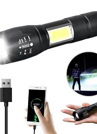 Фонарик аккумуляторный ручной bailong bl-29 диод t6 + cob зарядка от usb, фонарик led, водонепроницаемый