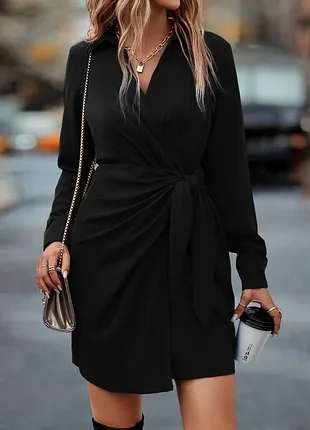 Платье на запах и узел 🖤 shein chiquease 👗 черное платье-рубашка ✨ офисное миди xl халат