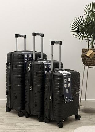 Комплект чемоданов с расширением полипропиленовый msb (s, m, l) 3 в 1 на колесах 4 колеса черный арт. msb 018 (чер) all