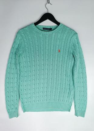 Жіночий бавовняний светр в плетіння коси/канатне (cable knit) зеленого м'ясного кольору з лого tommy hilfiger x lacoste/джемпер з бавовни/