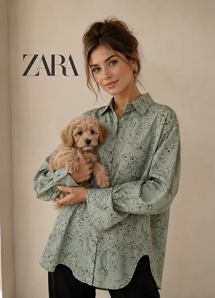 Zara як шовк блуза сорочка вільного фасону з принтом різних собачок цуциків