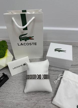 Мужской браслет lacoste из стали серебристый, брендированный браслет на руку | браслет лакоста с крокодилом | парные браслеты