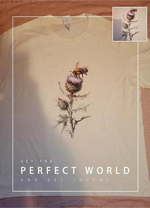 Гарна футболка бавовна , cotton, котон з будяком + бджола 🐝  ,квітка ( красивая футболка хлопок 100 % с чертополохом + пчела ,с цветком)