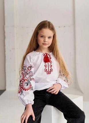 Вышиванка для девочки георгина синяя 116, червоний