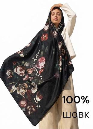 Великий шовковий патантин trico 100% pure silk шовковий палантин в квітковий принт чорний шовковий палантин з троянди ексклюзивний шовковий палантин