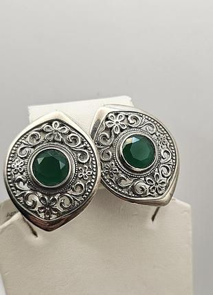 Сережки серебряные с зеленым кубическим цирконием 11,05 г